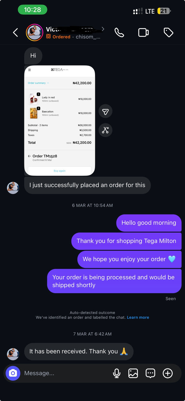 Customer message from Chisom