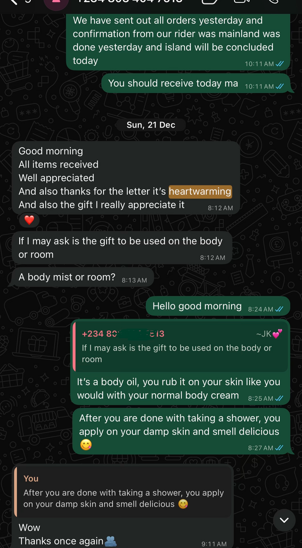Customer message from JK